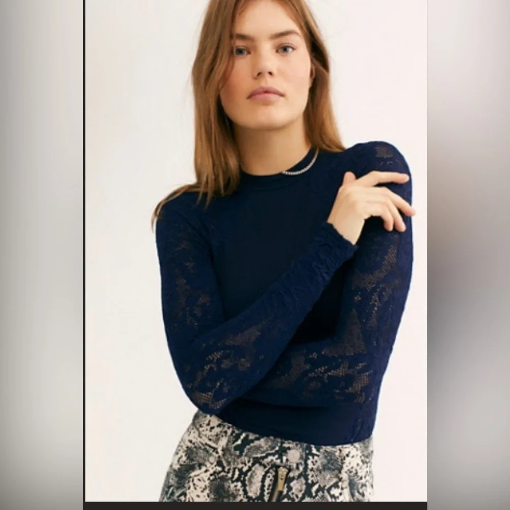 Free People Navy Lace Long Sleeve Top